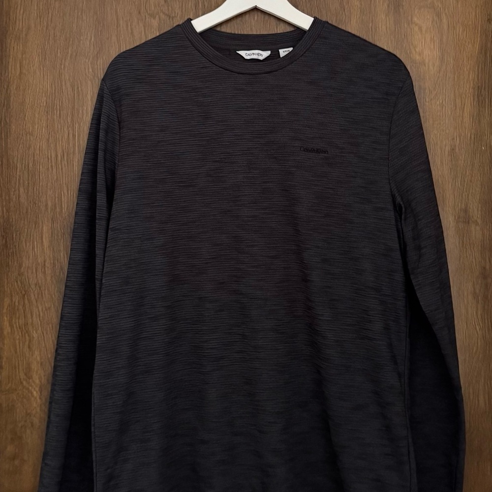 Calvin Klein grey embroidered logo ribbed crewneck long sleeve top, size S gym